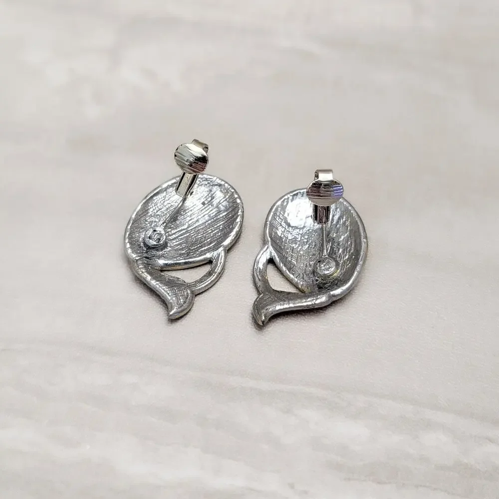Vintage Clip On Earrings Large Cream Enamel & Silver Tone - Condition Issues